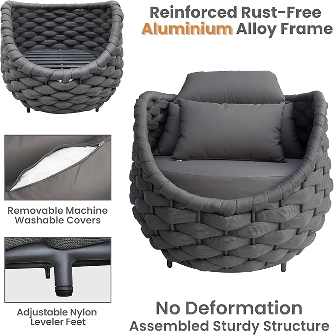 Patio Rope Accent Chair: Aluminum Single Seater Armchair - Large Woven Chair Cushioned - Modern Arm Chair Assembled - Assembled for 400lbs Outdoor Deck Balcony Porch Yard Garden Hotel, Dark Gray