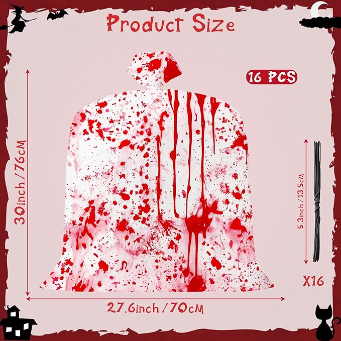 CNhoqc Halloween Lawn Leaf Bags - 8Pcs Halloween Bloody-Themed Thick Plastic Garbage Bags with Twist Ties, Fall Yard Leaf Trash Equiement, Reusable Plastic for Garden Outdoor Decorations Party Favor