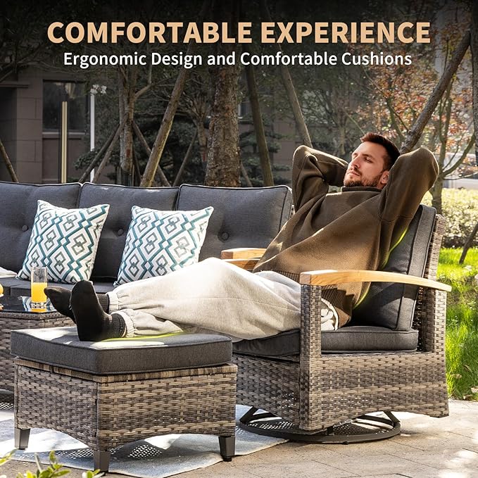 MEISSALIVVE 10 Pieces Outdoor Patio Furniture Sets,PE Wicker Patio Conversation Sets with 4 Wood Armrests Swivel Rocker Chairs，2-seat Sofa and Coffee Table(Grey)