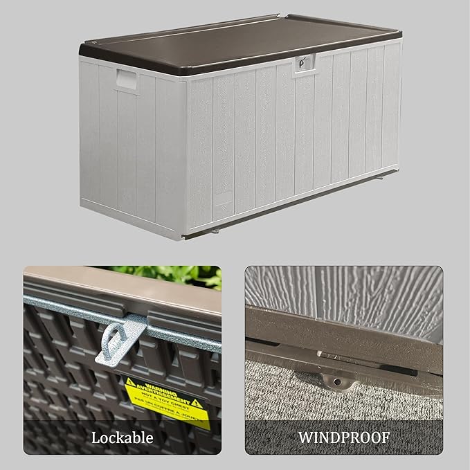 110 Pro Gallon Resin Deck Box, Waterproof Outdoor Storage Bin for Patio, Poolside, and Garden, Lockable & UV-Resistant, Ideal for Small Spaces, Coffee