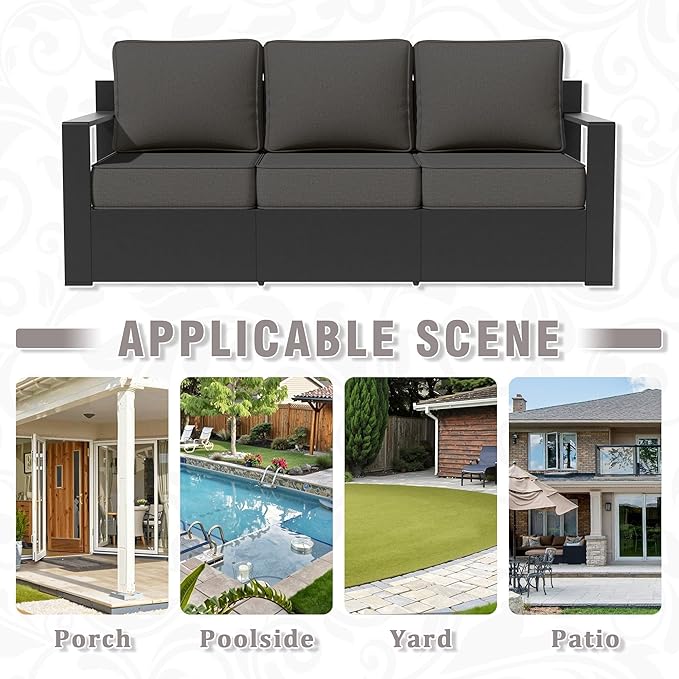 Aluminum Patio Sofa - 3-Seater Outdoor Sofa with 6" Thick Water-insistant Cushions, All-Weather Use Frame, Removable Cover, Ideal for Garden, Poolside (Grey)