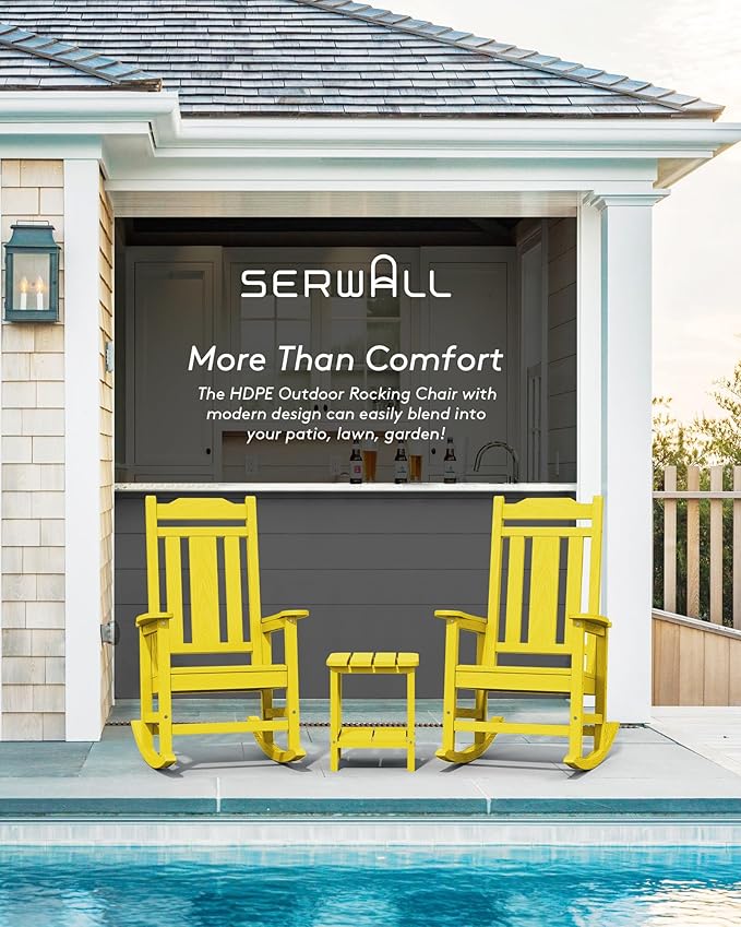 SERWALL Outdoor Rocking Chair, Patio Rocking Chairs for Porch, HDPE Rocking Chair Outdoor for Adults, Heavy Duty Front Porch Rocker, Yellow