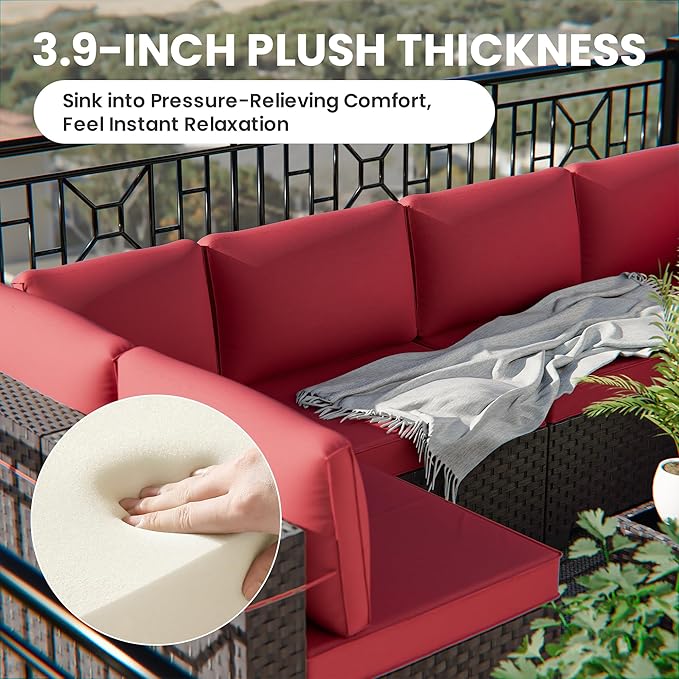 16 Pieces Outdoor Patio Furniture Set Outdoor Furniture Patio Sectional Sofa Conversation Sets w/ETL Approved 45" Gas Fire Table & Coffee Table, Swivel Rocking Chair Red.