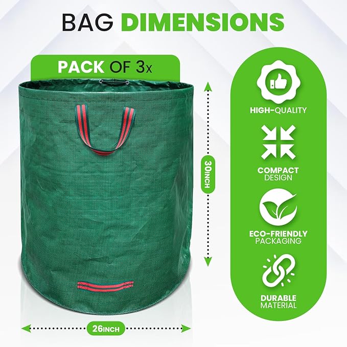 Gardenpal 3 Pack 72 Gallon Reusable Yard Waste Bag, Heavy Duty, Upright Lawn Bags with 4 Reinforced Handles (72 Gallon/3 Pack)