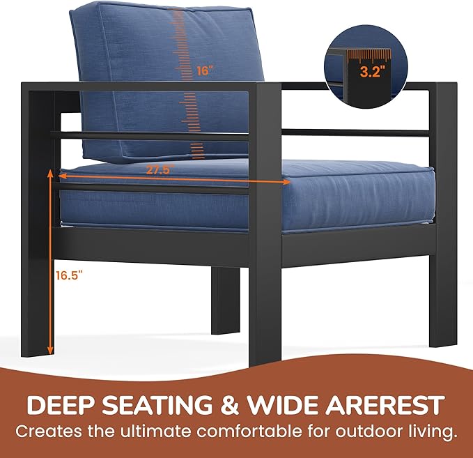 Solaste Aluminum Patio Furniture Set for All Weather, Modern Metal Outdoor Furniture Set with 27.5" Deep Seating and 3.2" Wide Armrest, Outdoor Patio Conversation Set with 5" Cushion, Black and Blue