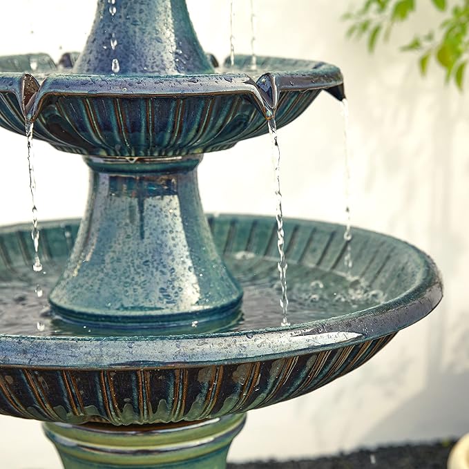 Glitzhome Outdoor Fountain 3 Tier Waterfalls, 45.25" H Ceramic Water Fountain with Pump & LED Light Oversized Indoor Outdoor Floor-Standing Fountains Garden for Patio Backyard Deck Lawn, Turquoise