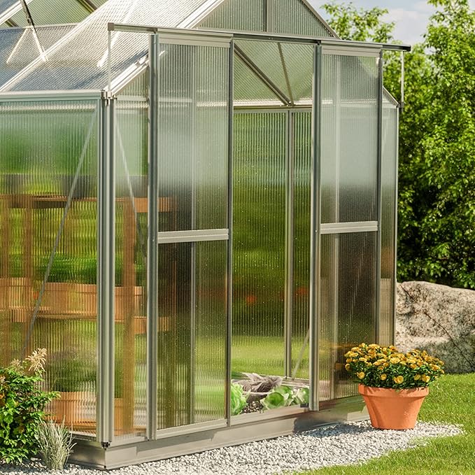 Greenhouse Saphir 3 Aluminum Frame 8.5 x 6.4 ft Approx. 8 mm Polycarbonate Panels - with Bonus Base Frame and Automatic Vent Opener