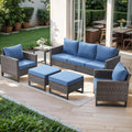 Rilyson Wicker Outdoor Patio Furniture Set - 6 Piece Patio Conversation Set with 2 Armrest Chairs,2 Rattan Ottoman,1 Couch and 1 Metal Side Table for Outside Porch Deck Backyard(Brown/Blue)