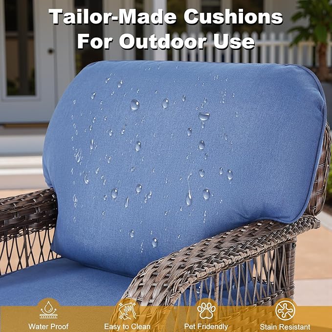 Patio Wicker Chairs Swivel Rocker - Rocking Outdoor Chair Set of 2, 360 Degree atio Swivel Glider Chair with All-Weather Removable Cushions for Garden, Porch, Backyard, Blue/Brown Wicker