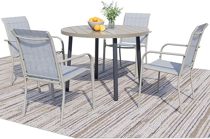 5 Pieces Round Dining Table Set for 4, Patio Dining Set Includes 4 Beige Blue Stackable Patio Chairs and 1 Honey Oak Round Table, Patio Furniture Sets with Sling Support for Outside, Garden