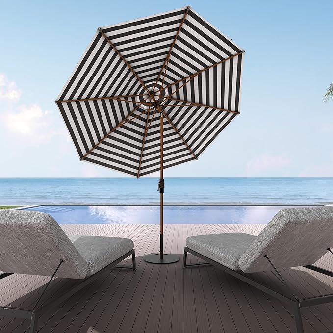 Midtown Umbrellas Wooden 2-9 Feet Outdoor Patio Umbrella, Terylast Black & White Stripes Fabric, Aluminum Frame For Backyard Umbrella, Deck Umbrella, Garden Umbrella & Pool Umbrella - Wooden Pole