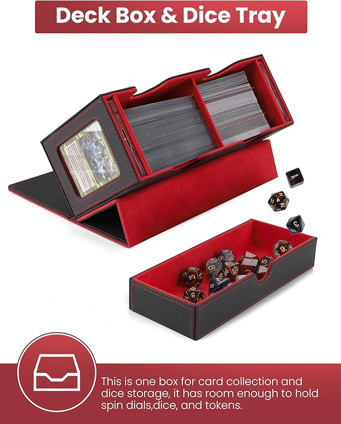 MRAUF MTG Deck Box with Double Commander Display and Dice Tray, Fits 200+ Double Sleeved Cards, Card Storage Box Plus 2 Magnetic Holders& 100Pcs Card Sleeves (Black& Red)