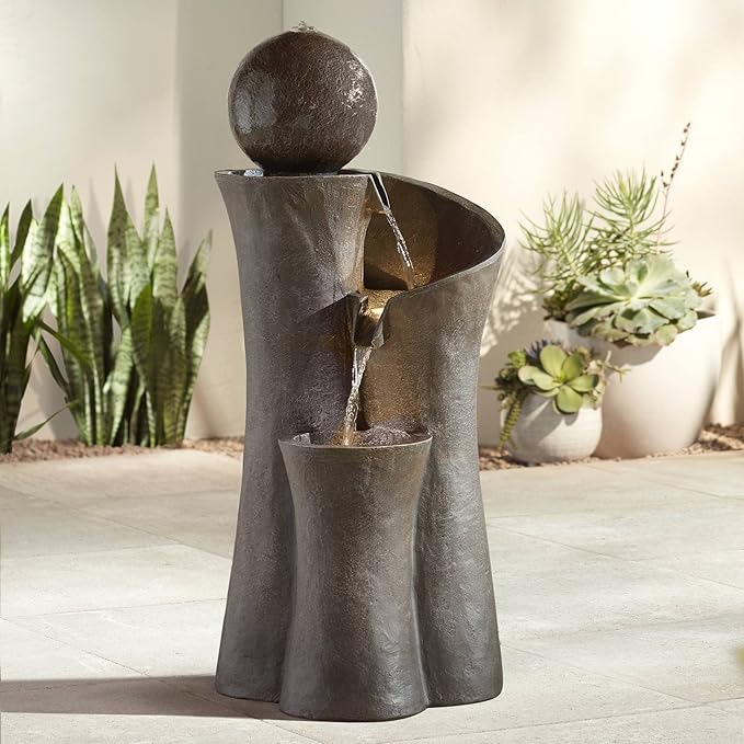 Sphere Curve 39 1/2" High Large Modern Zen Indoor Outdoor Decor Faux Stone Floor Fountain with Light LED Waterfall Cascading Water Feature for Outside Garden Patio Yard Backyard - John Timberland