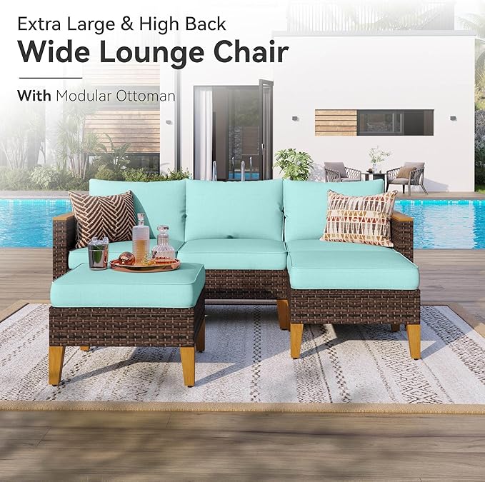 GREEN PARTY 8 Pieces Wicker Patio Furniture Set, All-Weather Outdoor Rattan Half-Moon Curved Patio Sectional Sofa Conversation Set 8 Seats with 4" Thick Cushions for Backyard, 2 x Ottomans (Blue)