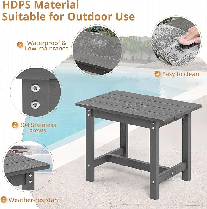LUE BONA Outdoor Side Table, HDPS Large Size Outdoor Table, Adirondack Side Table, Outside End Table for Patio, Porch,Beach, Garden, Weather Resistant/Easy Maintenance, Dark Gray