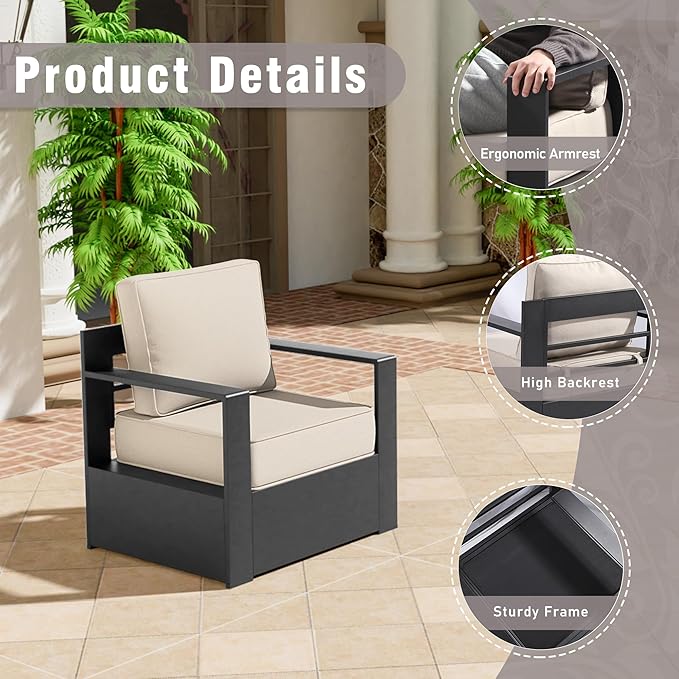 Aluminum Patio Chair - Outdoor Chair with 6" Thick Water-insistant Cushions, All-Weather Use Frame, Removable Cover, Ideal for Garden, Poolside (Beige)
