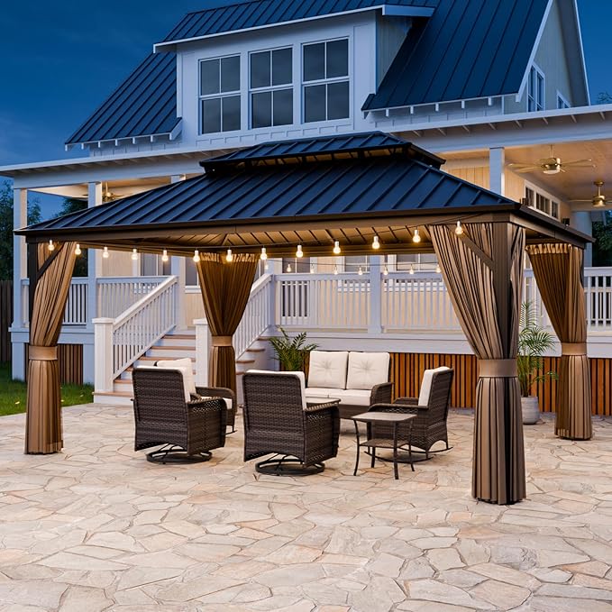 COOS BAY 12x16 Hardtop Gazebo with Aluminum Frame, Galvanized Steel Double Roof Outdoor Pavilion with Netting and Curtains, Dark Brown/Tan