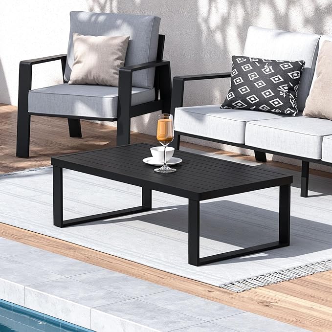 Aluminum Outdoor Coffee Table - Black Rectangle Patio Tables for Deck, and Poolside