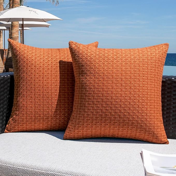 Kevin Textile Fall Outdoor Waterproof Throw Pillow Covers Pack of 2 Farmhouse Decorative Cushion Covers for Garden Patio Tent Balcony Bench Couch Sofa 18x18 Inch, Burnt Orange