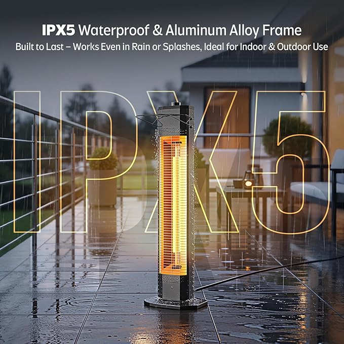 Outdoor Electric Patio Heater, 34-inch 1500W Infrared Tower Heater with Instant Heating, Tip-Over & Overheat Protection, IPX5 Waterproof Space Heater for Patio Garage Workshop Indoor & Outdoor Use