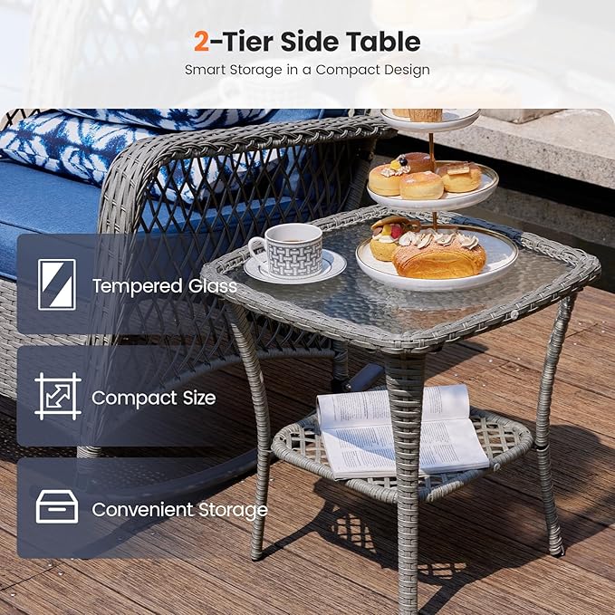 UDPATIO 3 Piece Patio Furniture Set, Wicker Rocking Bistro Set with 2 Rockers, 1 Side Table and 4‘’ Thick Cushions for Backyard, Porch, Balcony, Poolside, Grey/Blue