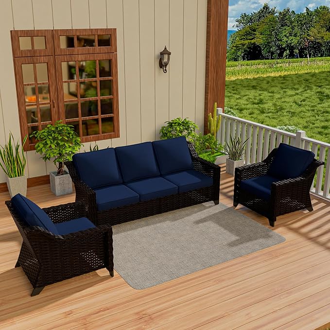 Vista Vibe 3 Pieces Outdoor Patio Conversation Furniture Set - 78" 3-seat Sofa | 2 Wicker Chairs, Deep Seat Loveseat, Removable Cushions, Hand-Woven PE Rattan Couch, Balcony (Brown/Navy)