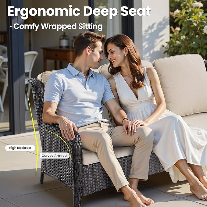ovios 10 Pieces Patio Furniture Set, Outdoor Wicker Sofa Couch with Swivel Chairs 54" Fire Pit Table, High Back All Weather Modern Conversation Sets, Brown Rattan, Beige