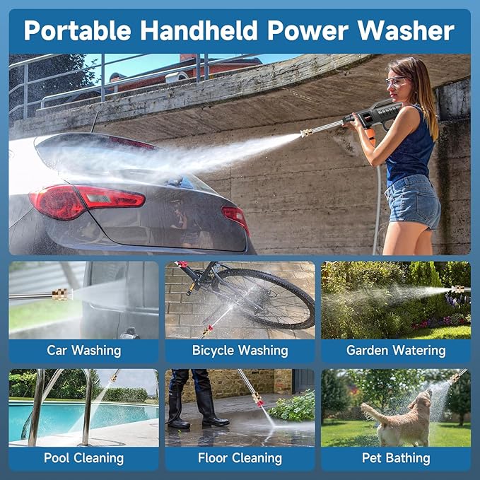 Cordless Pressure Washer Gun, 1500W Portable Battery Power Washer, 60Bar/870 PSI Electric Pressure Washer Handheld High Pressure washers with Nozzles, 2 Battery, 5m Hose Cordless Jet Washers