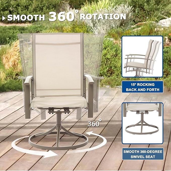 Patio Swivel Chairs Set of 6, Outdoor Swivel Chairs with Armrest, High Back Patio Chair with Metal Frame, All-Weather Outdoor Dining Chair for Deck, Porch and Lawn, Ivory Beige