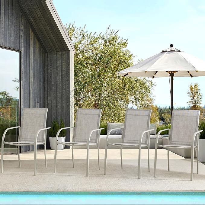 Patio Chairs Set of 6, Outdoor Dining Chairs with Breathable Textilene Fabric, Stackable Patio Chairs for Lawn, Garden, Backyard, Poolside, Grey