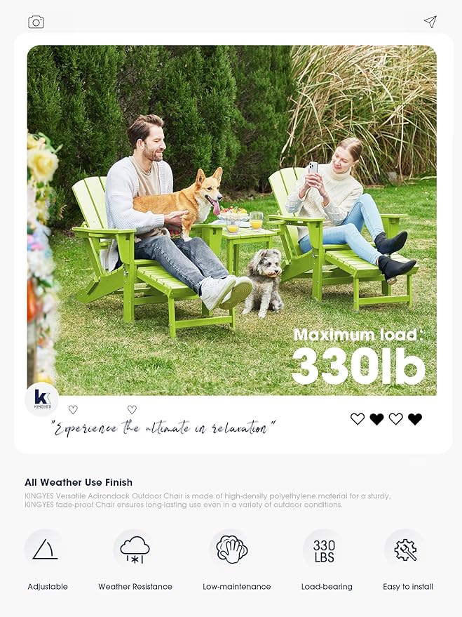 KINGYES Folding Adjustable Adirondack Chair with Ottoman & 2 Cup Holders Set of 2, HDEP Multifunctional Adirondack Chair with Footrest, Apple