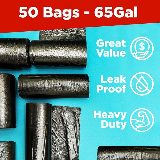 ToughBag 64-65 Gallon Trash Bags Heavy Duty, 50 x 48” Large Black Garbage Bags (50 Count) - Made In USA