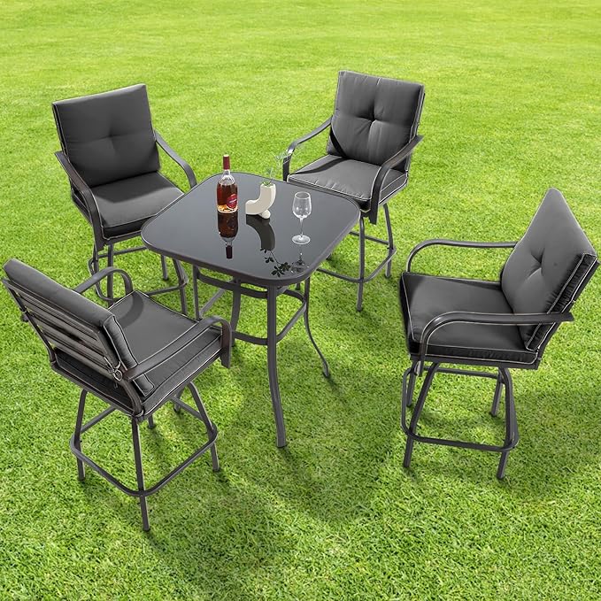 Patio Swivel Bar Stools, Outdoor High Back Swivel Bar Chair Set of 6 with Cushion & All Weather Steel Frame for Backyard, Lawn, Poolside and Balcony, Dark Gray