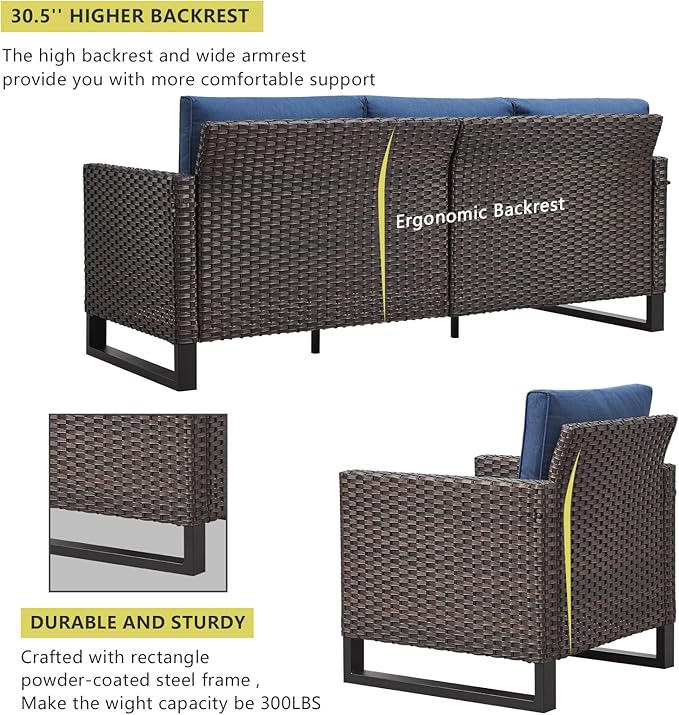HUMMUH 5 Piece Patio Furniture Set with Fire Pit Table 41in 55,000 BTU,Wicker Outdoor Conversation Sets -Patio Sofa Outdoor Chairs Set of 2 for Porch,Garden,Backyard