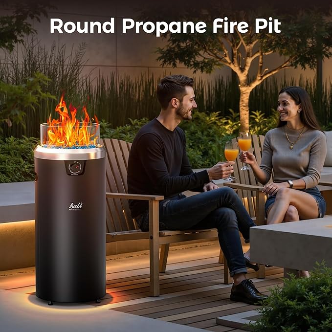 BALI OUTDOORS Propane Fire Pit Black, Column Outdoor Fire Pit Round, Outdoor Firepits for Outside Garden, Patio