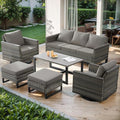 Wicker Outdoor Patio Furniture Set - 6 Piece Patio Conversation Set with 2 Swivel Rocker Chairs,2 Rattan Ottoman,1 Couch and 1 Metal Coffee Table for Outside Porch Deck Backyard(Mixed Grey/Grey)