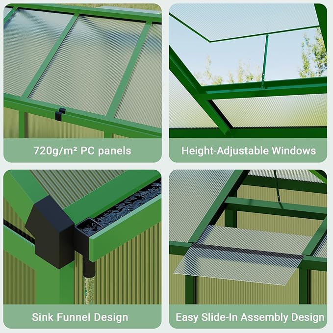 6x8 FT Greenhouse, Easy Assembly Aluminum Polycarbonate Greenhouses for Outdoors with Roof Vent, Large Aluminum Walk-in Greenhouse for Sunroom Patio, Backyard, Garden, Sliding Lockable Door, Green
