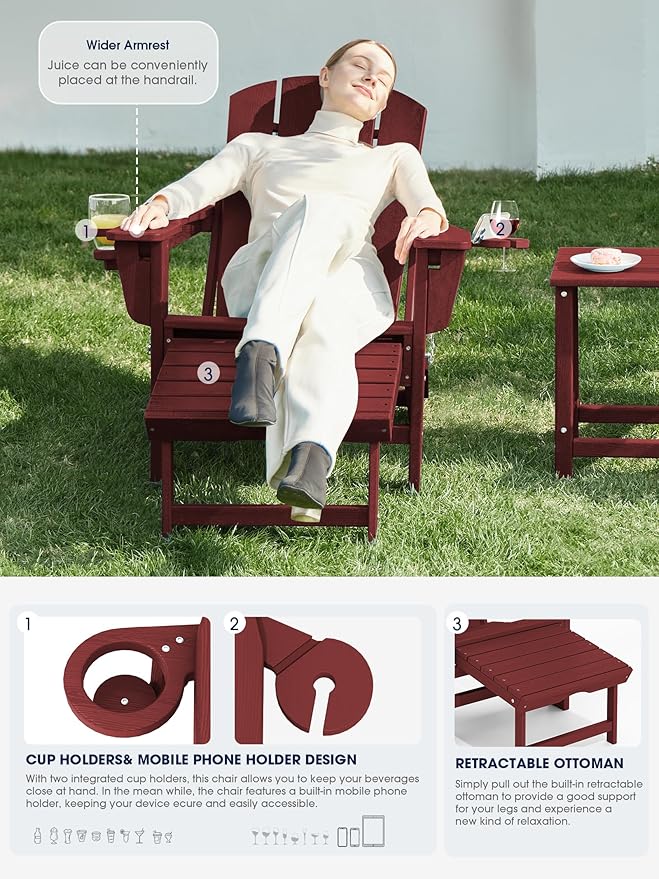 KINGYES Folding Adjustable Adirondack Chair with Ottoman & 2 Cup Holders Set of 4, HDEP Multifunctional Adirondack Chair with Footrest, Red