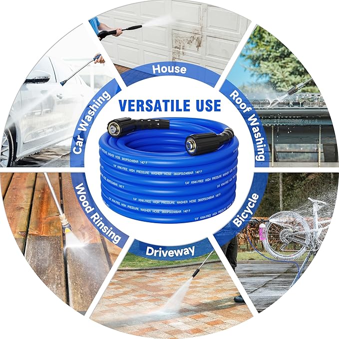 Pressure Washer Hose 25FT 1/4'' Kink Resistant 3600 PSI Power Washer Hose Extension with Leak-Free M22 Female and 3/8" Quick Connection Kit (25FT)