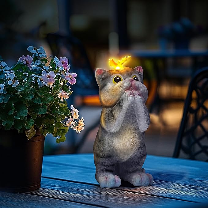 Solar Garden Decor Outdoor Statues Cat - Lawn Decor Statue for Patio, Balcony, Yard Ornament - Unique Gifts for Housewarming, Birthday, Christmas (Gray)