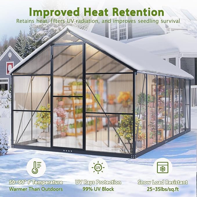 Wanan 14x8FT Greenhouses for Outdoors, Quick Assembly Polycarbonate Green House with UV Protection, Heavy Duty Windproof Aluminum Frame, Adjustable Roof Vent for Backyard or Outdoor Garden Use