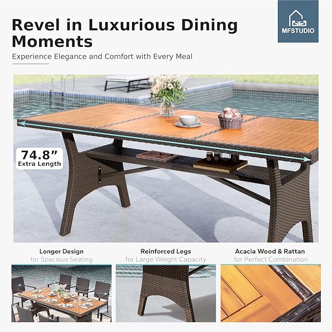 MFSTUDIO Acacia Wood Outdoor Dining Table, 75’’ Rectangular Dining Table for 6-8 with Storage Space, Metal & Wicker Frame and Adjustable Foot Pads, Patio Table for Deck, Backyard