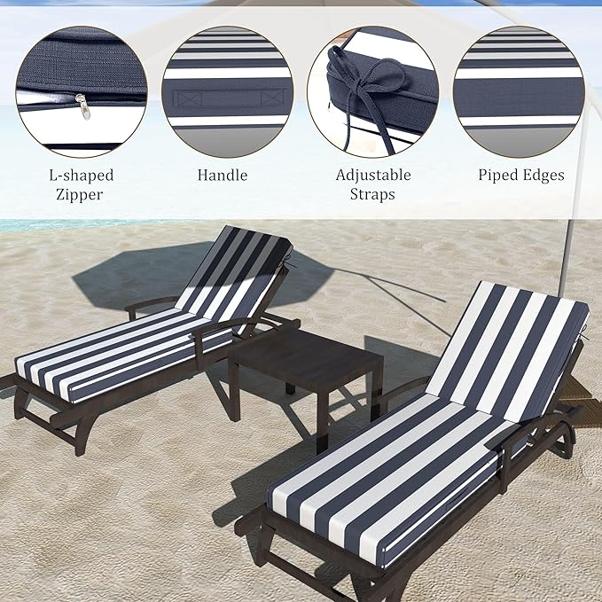 Chaise Lounge Cushions Outdoor Furniture 72 x 21 Inch Olefin Patio Lounge Chair Cushions 4'' Thick Waterproof Outdoor Chaise Cushion Weather Resistant Pool Lounger Cushion (Navy Stripe)