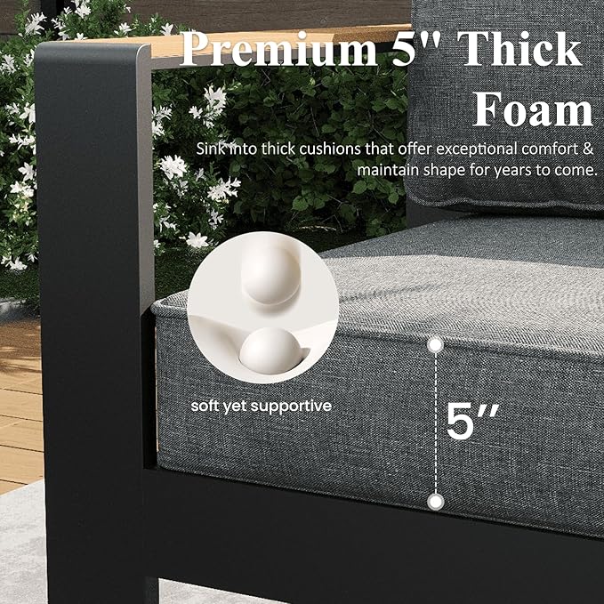 LayinSun 5 Piece Aluminum Outdoor Furniture Set with Fire Pit Table, Outside Patio Deep Seating Conversation Set with Upgraded Washable Thick Cushion