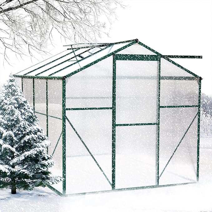 8x6 FT Greenhouses for Outdoors, Outside Heavy Duty Walk in Green House for Garden Plants, UV Protection Adjustable Roof Vent, Thermostatic Waterproof and Insect Resistant, Green