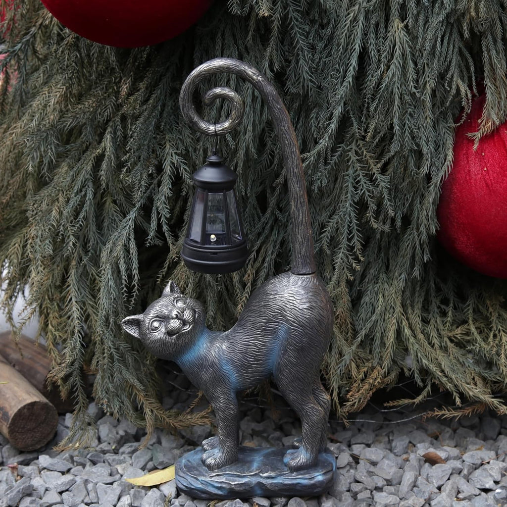 Solar Cat Outdoor Statues Halloween for Garden: Outdoor Decor Cat Figurine for Yard, Lawn, Patio, Porch, Balcony - Animal Art for Home Backyard - Birthday Gifts for Women Grandma Mom Sister