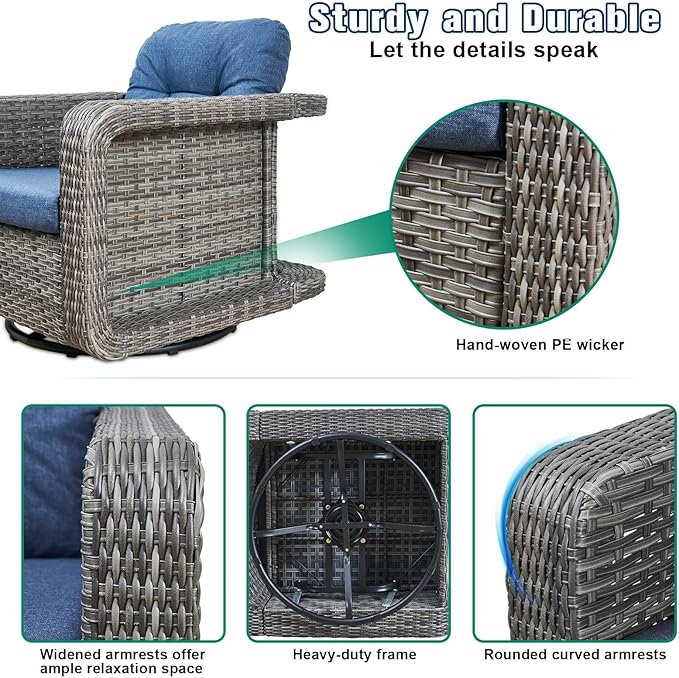 Patio Glider Swivel Rocker Sets: 2piece Patio Furniture Sets, 360° Swivel Rocking Chairs with Ottoman, Rust-Resistant Cushion -Perfect for Backyard/Deck/Porch/Balcony Decors- Gray Wicker,Blue Cushion