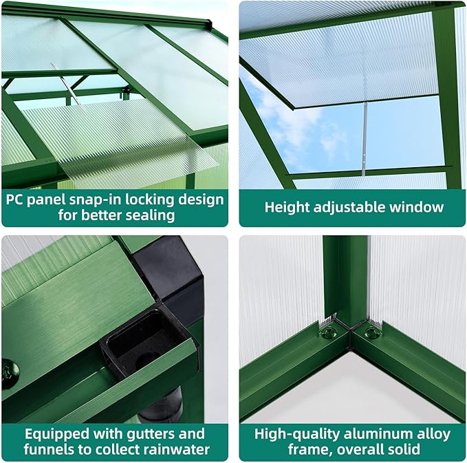 8x12 ft Greenhouse, Large Aluminum Greenhouses for Outdoors, Heavy Duty Polycarbonate Greenhouse with Roof Vent, Walk-in Green Houses for Winter Garden, Backyard, Patio, Lawn, Easy Assembly