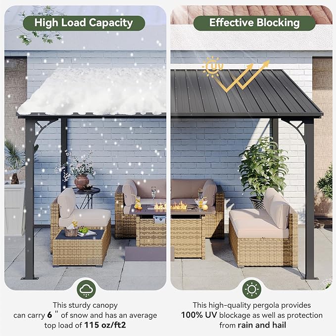 Aoxun 10' x 12' Lean to Gazebo, Hardtop Outdoor Pergola with Sloping Galvanized Steel Roof, Large Wall-Mounted Heavy Duty Awnings for Patio, Backyard, Deck, Porch (Dark)