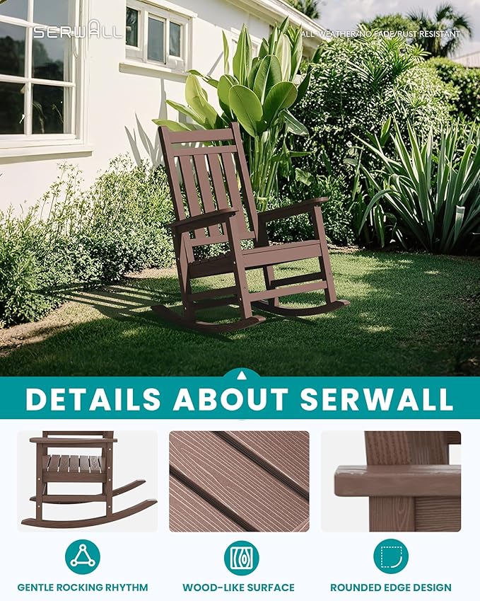 SERWALL HDPE Outdoor Rocking Chair Set of 6, Patio Rocking Chairs for Adults, All Weather Outdoor Rockers for Lawn, Brown